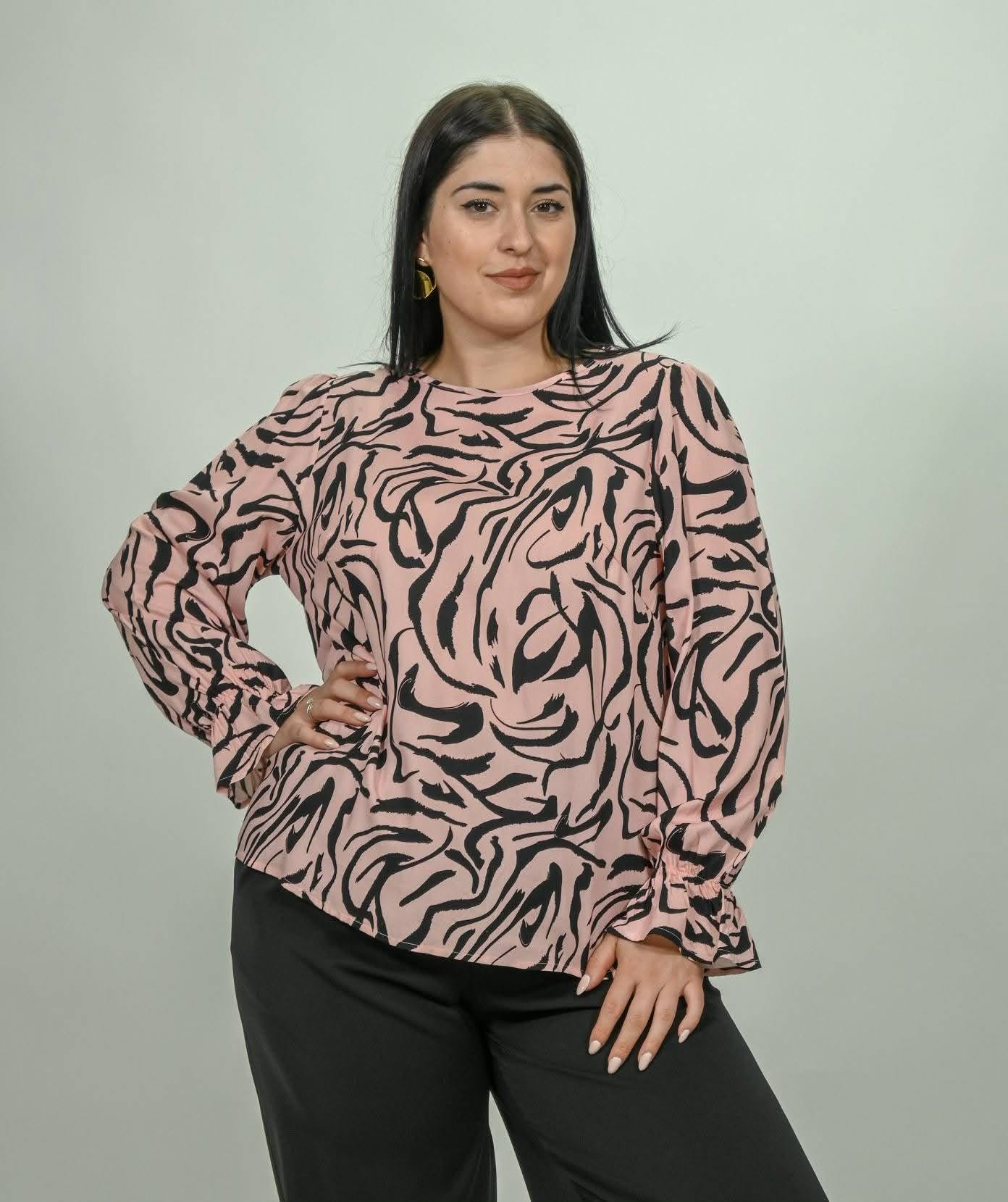 voice fashion Γυναικεία Μπλούζα Ροζ με Animal Print και Μακρύ Μανίκι