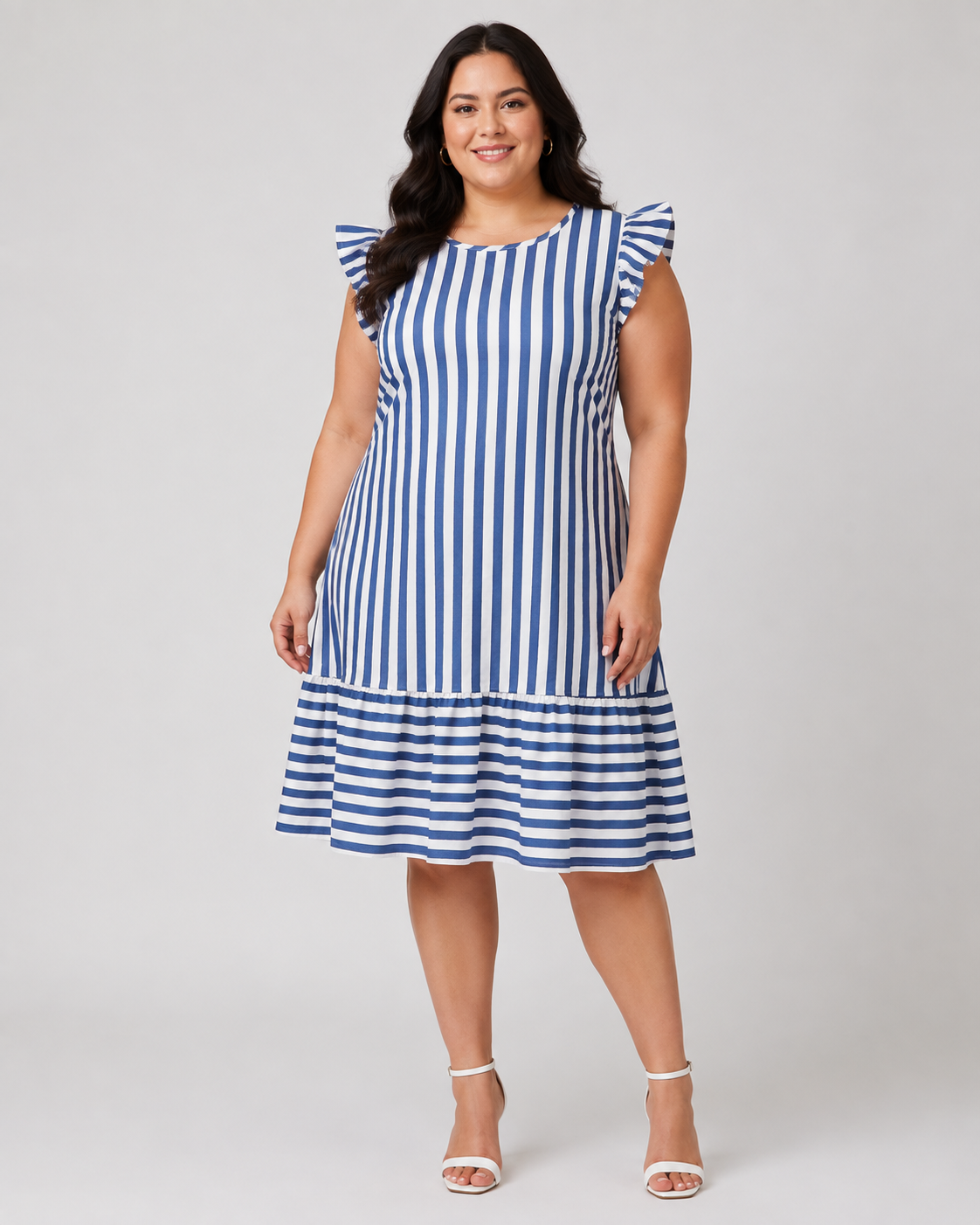 Plus Size Ριγέ Midi Φόρεμα Juicy Girl με Βολάν Μανίκια & Μπλε-Λευκό Σχέδιο