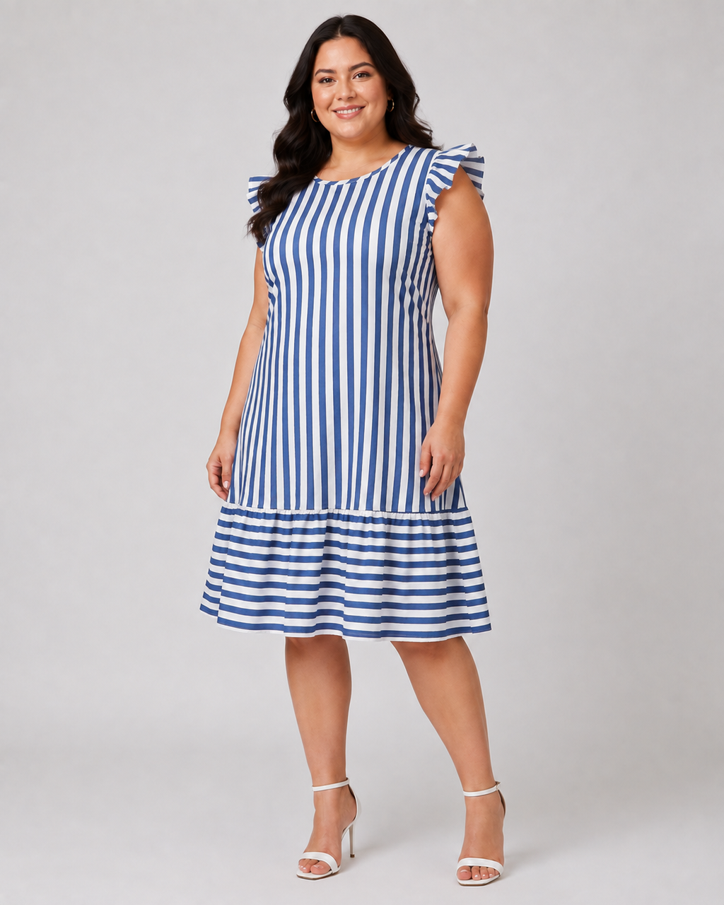 Plus Size Ριγέ Midi Φόρεμα Juicy Girl με Βολάν Μανίκια & Μπλε-Λευκό Σχέδιο
