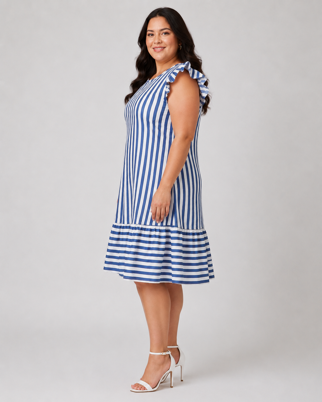 Plus Size Ριγέ Midi Φόρεμα Juicy Girl με Βολάν Μανίκια & Μπλε-Λευκό Σχέδιο