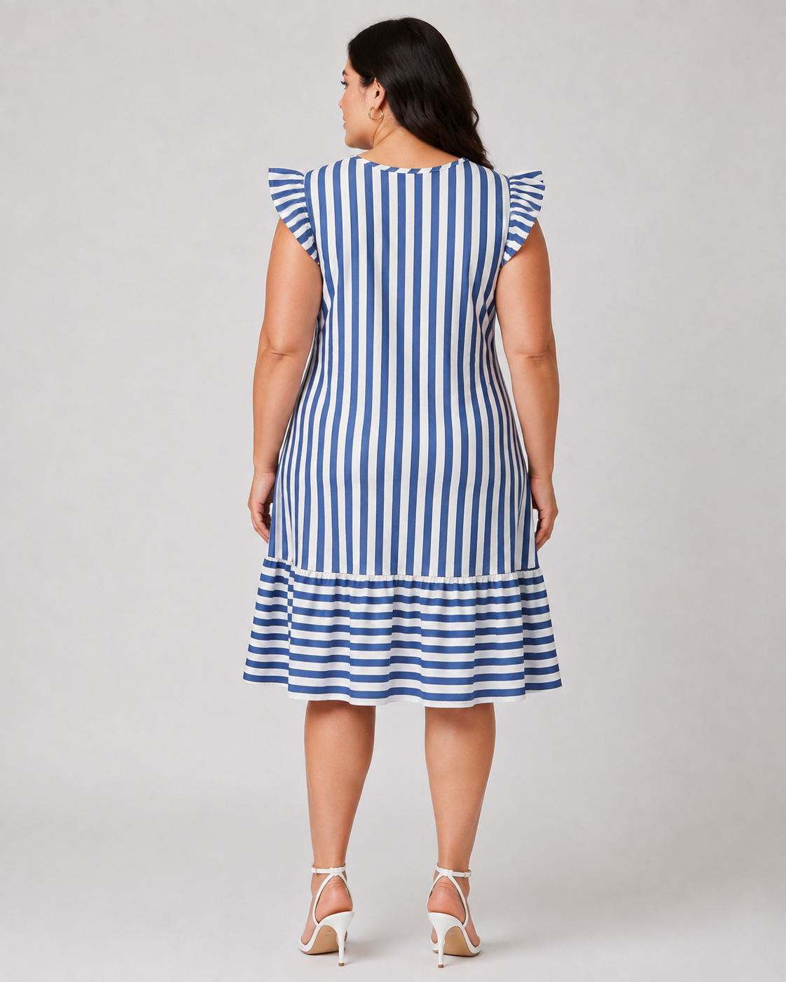 Plus Size Ριγέ Midi Φόρεμα Juicy Girl με Βολάν Μανίκια & Μπλε-Λευκό Σχέδιο