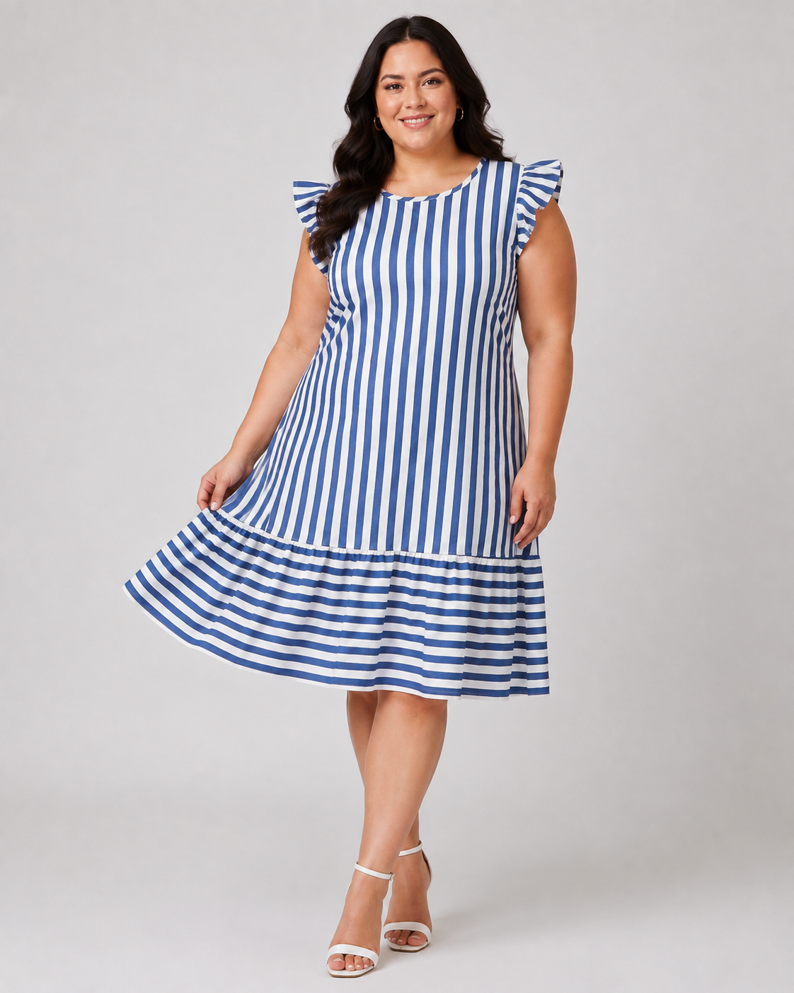 Plus Size Ριγέ Midi Φόρεμα Juicy Girl με Βολάν Μανίκια & Μπλε-Λευκό Σχέδιο