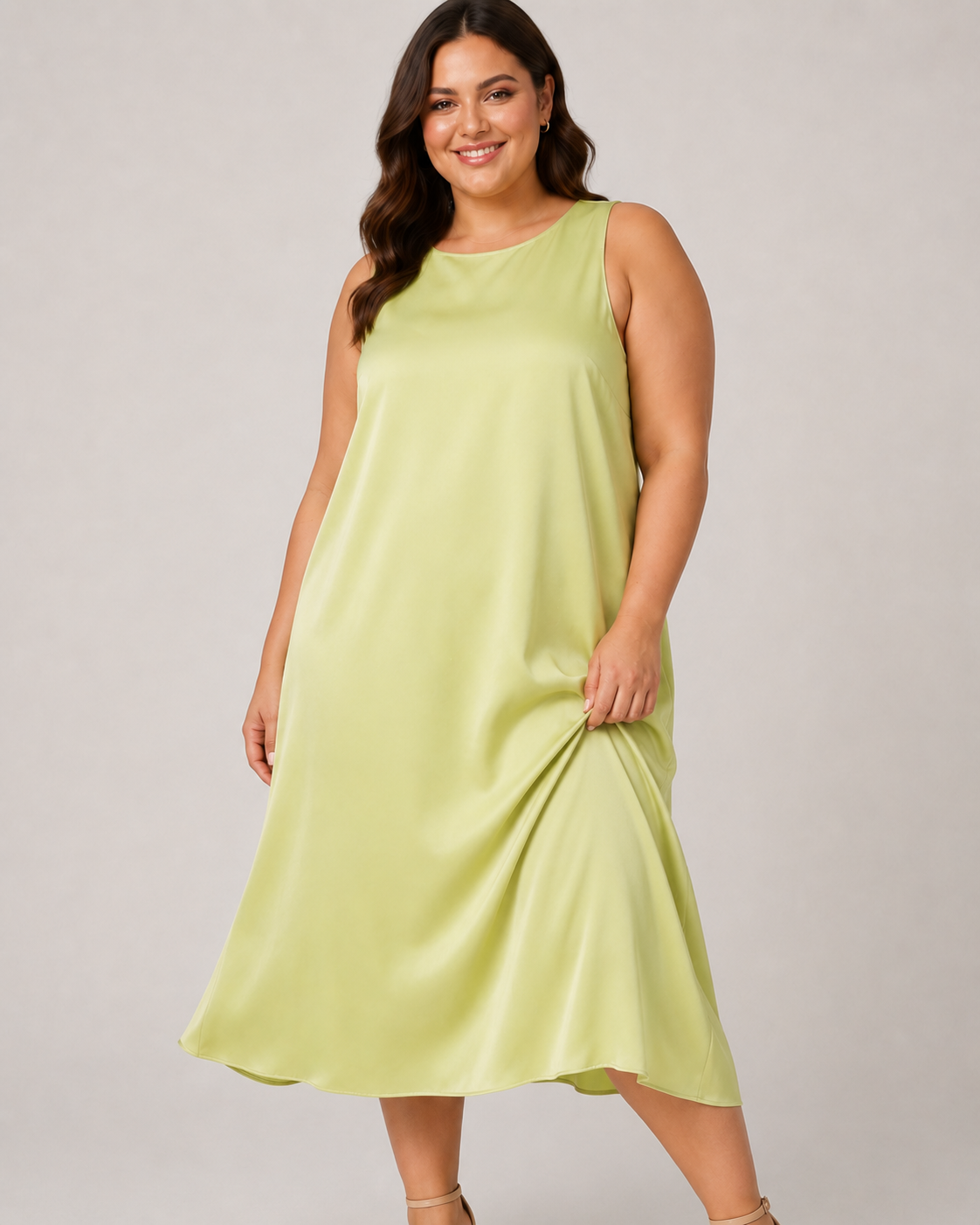 Plus Size Αέρινο Μάξι Φόρεμα Orchidea σε Lime Απόχρωση με Μεταξένια Υφή