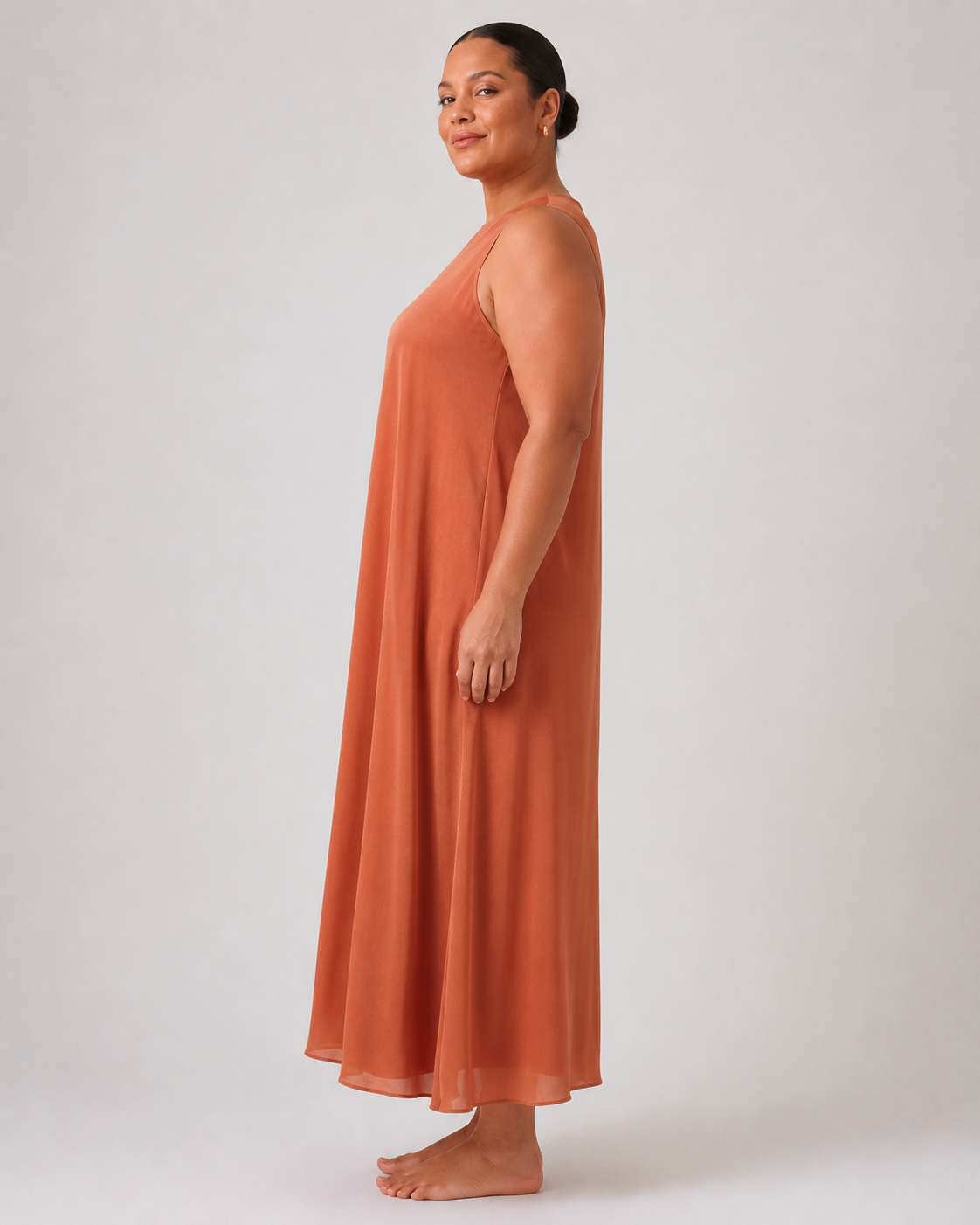 Plus Size Αέρινο Μάξι Φόρεμα Orchidea σε Κεραμιδί Απόχρωση με Μεταξένια Υφή
