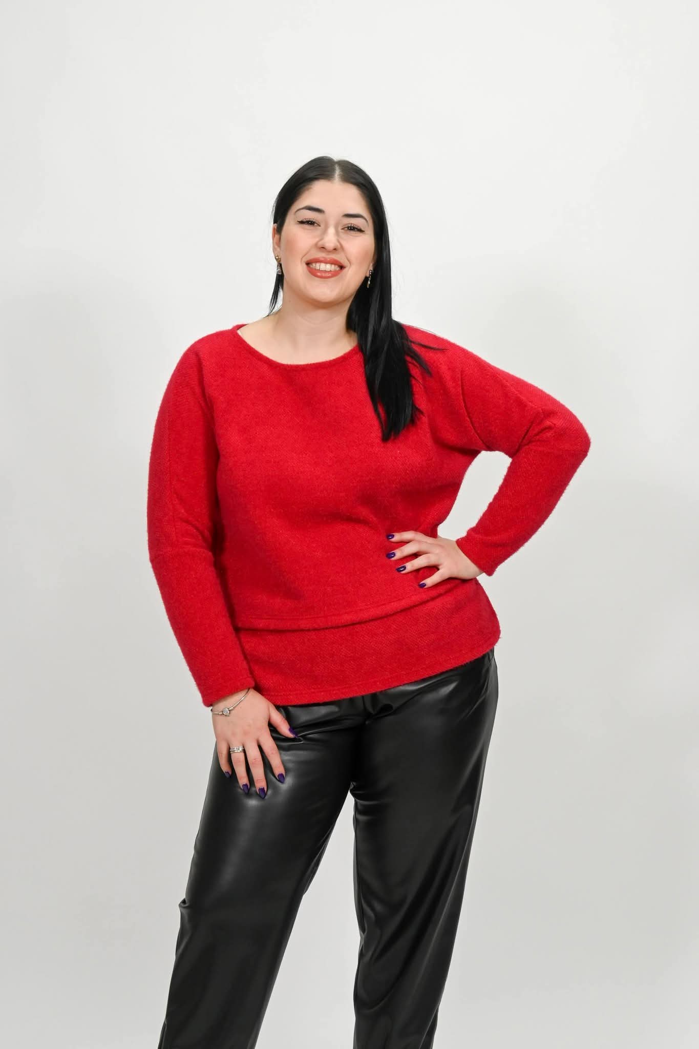 voice fashion Κόκκινη Πλεκτή Μπλούζα με Μακρύ Μανίκι