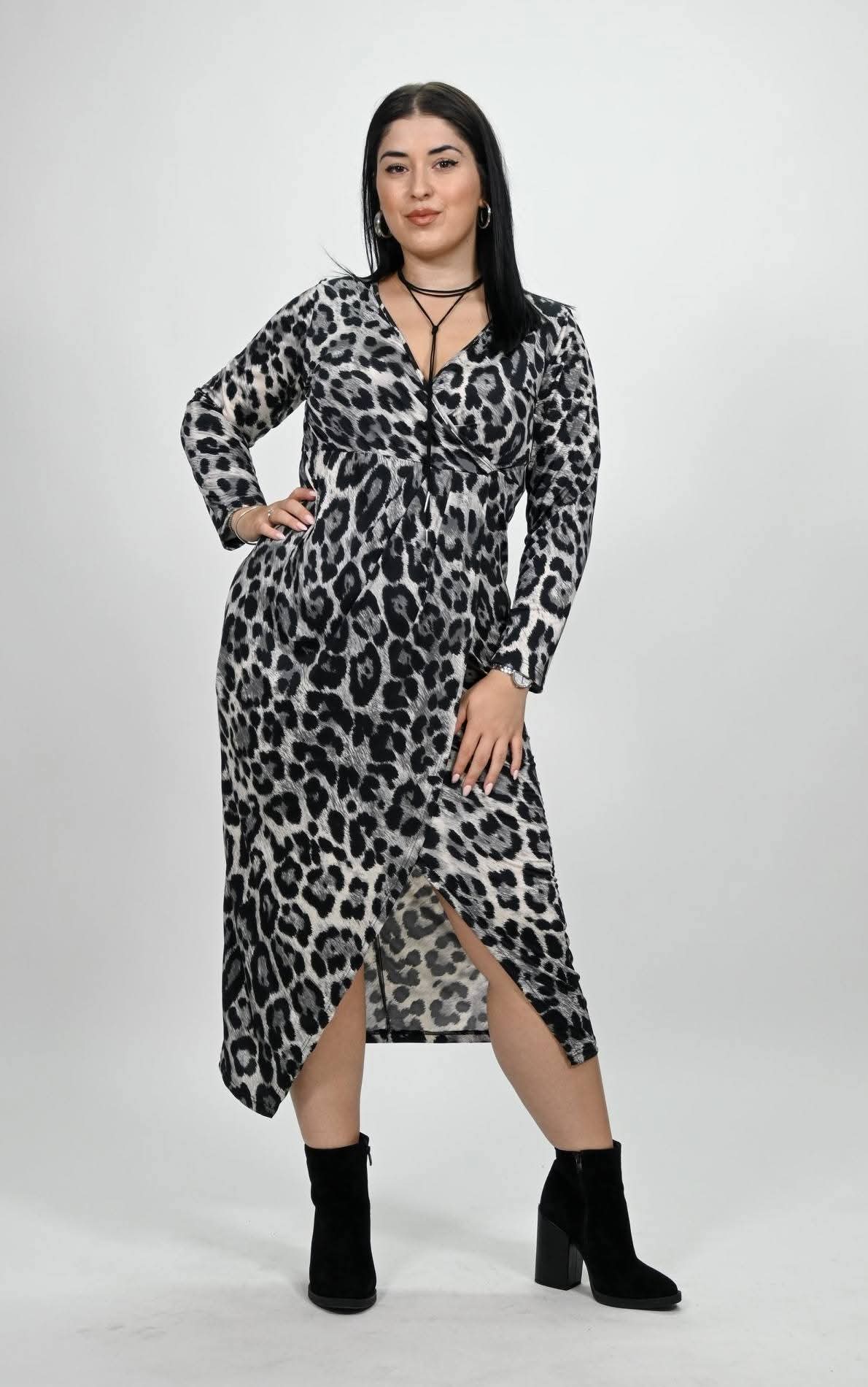 voice fashion Γυναικείο Μίντι Φόρεμα Leopard με Μακρύ Μανίκι