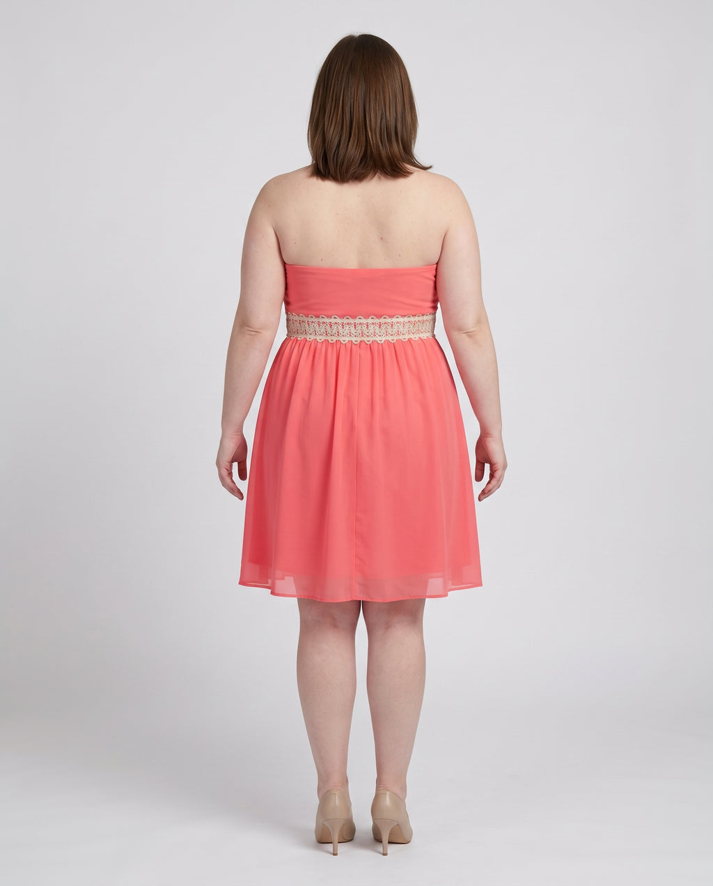 Plus Size Strapless Φόρεμα Maple Vertige σε Coral με Σούρες & Δαντελένια Μέση