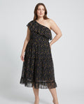 Plus Size One Shoulder Midi Φόρεμα Urdan Amazons με Βολάν & Floral Print σε Μαύρο