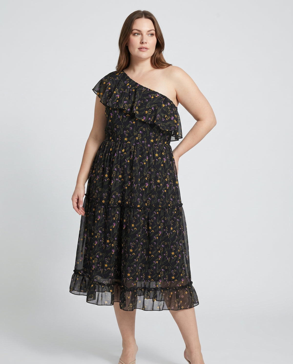 Plus Size One Shoulder Midi Φόρεμα Urdan Amazons με Βολάν & Floral Print σε Μαύρο