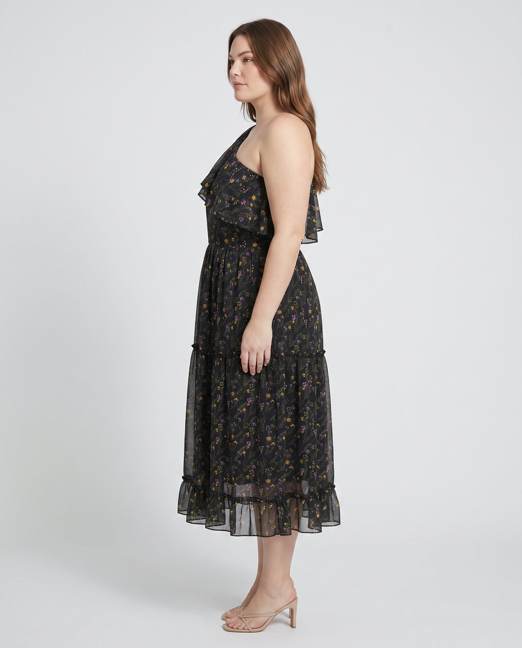 Plus Size One Shoulder Midi Φόρεμα Urdan Amazons με Βολάν & Floral Print σε Μαύρο