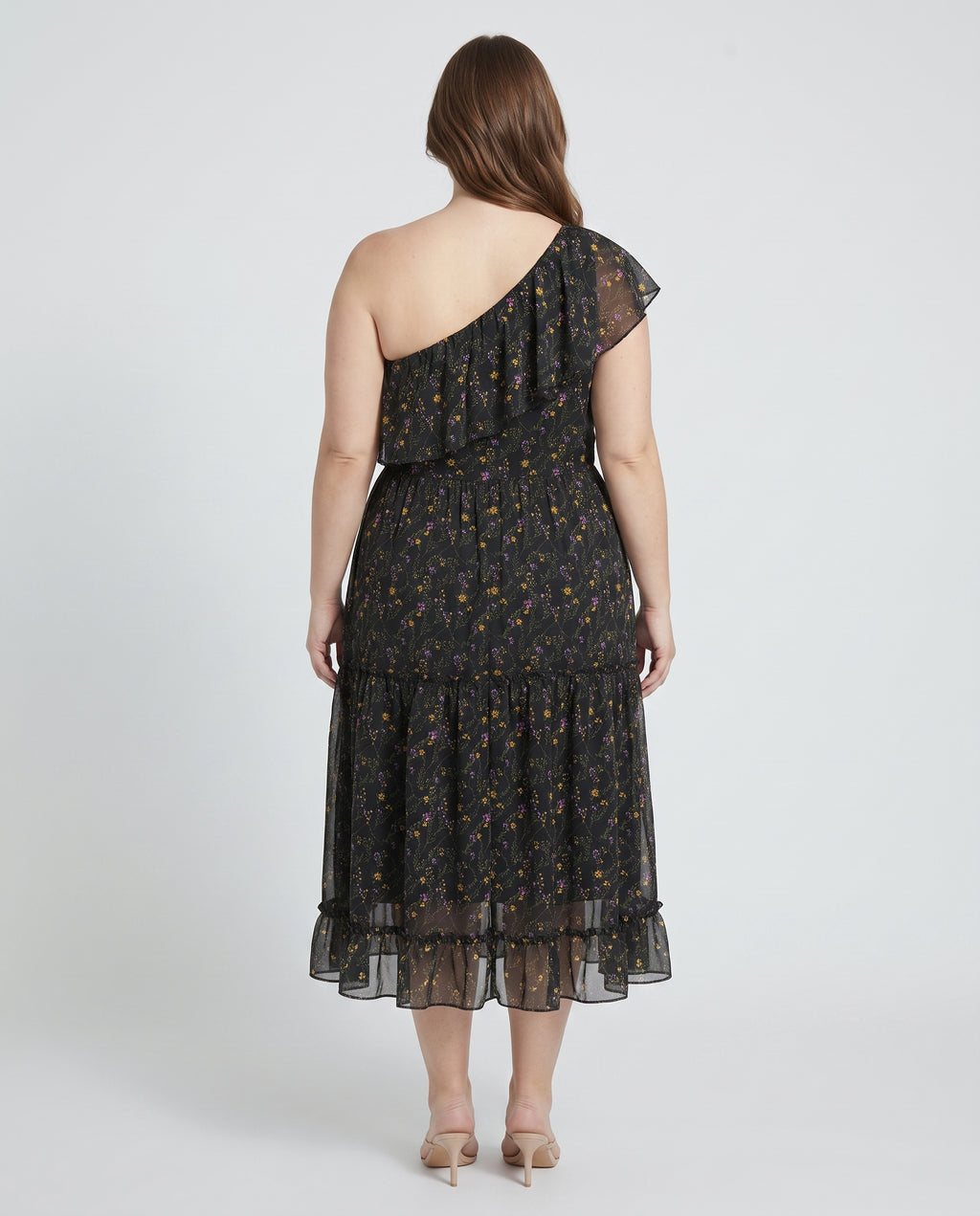 Plus Size One Shoulder Midi Φόρεμα Urdan Amazons με Βολάν & Floral Print σε Μαύρο
