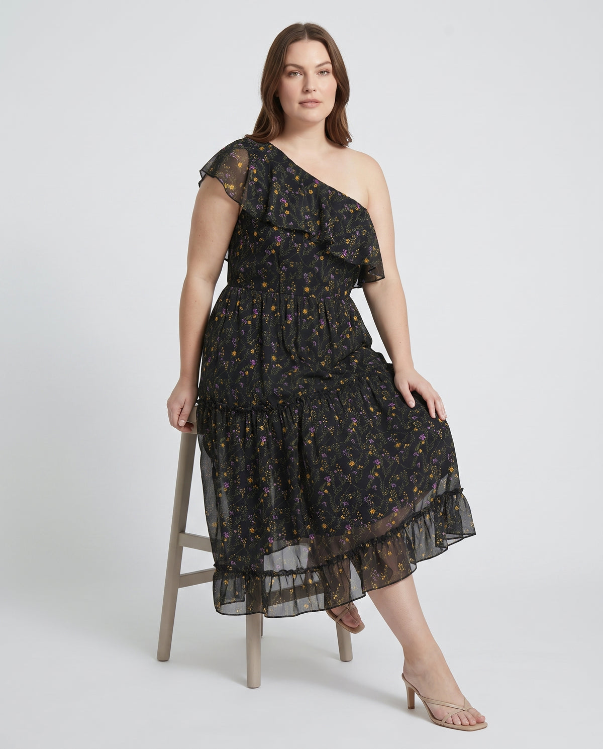 Plus Size One Shoulder Midi Φόρεμα Urdan Amazons με Βολάν & Floral Print σε Μαύρο