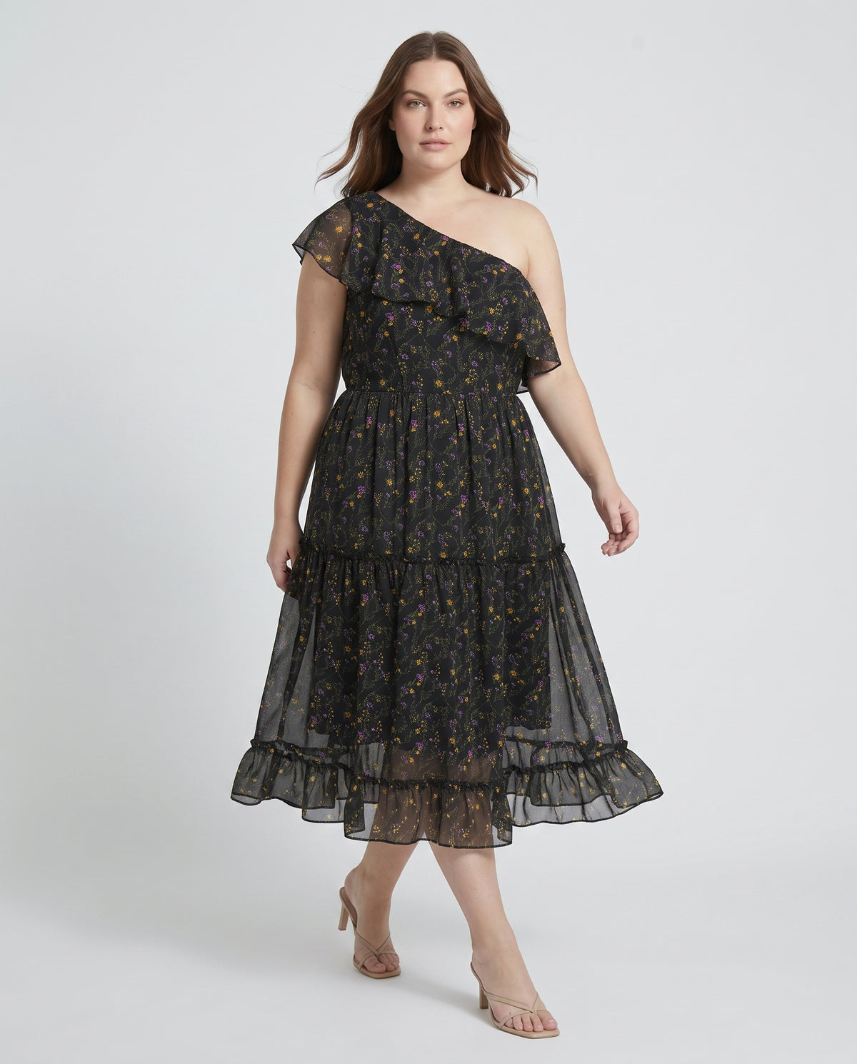 Plus Size One Shoulder Midi Φόρεμα Urdan Amazons με Βολάν & Floral Print σε Μαύρο