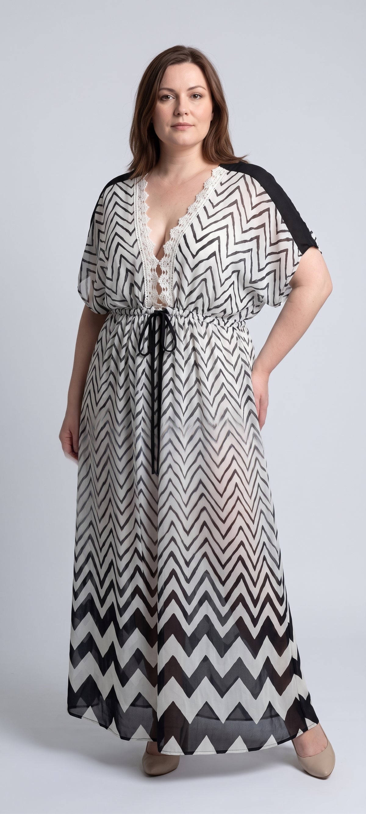 Plus Size Διάφανη Μάξι Τουνίκ Just Perfect με Chevron Print & Δαντέλα