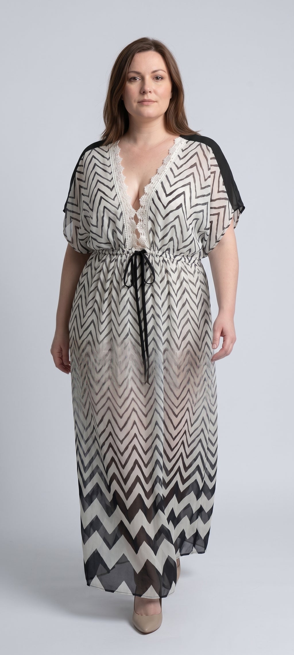 Plus Size Διάφανη Μάξι Τουνίκ Just Perfect με Chevron Print & Δαντέλα