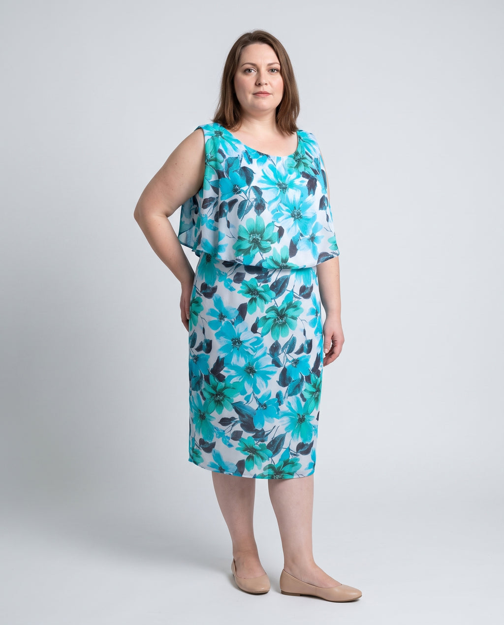 Plus Size Μίντι Φόρεμα Orcidea με Floral Μοτίβο σε Τιρκουάζ & Αέρινη Επικάλυψη