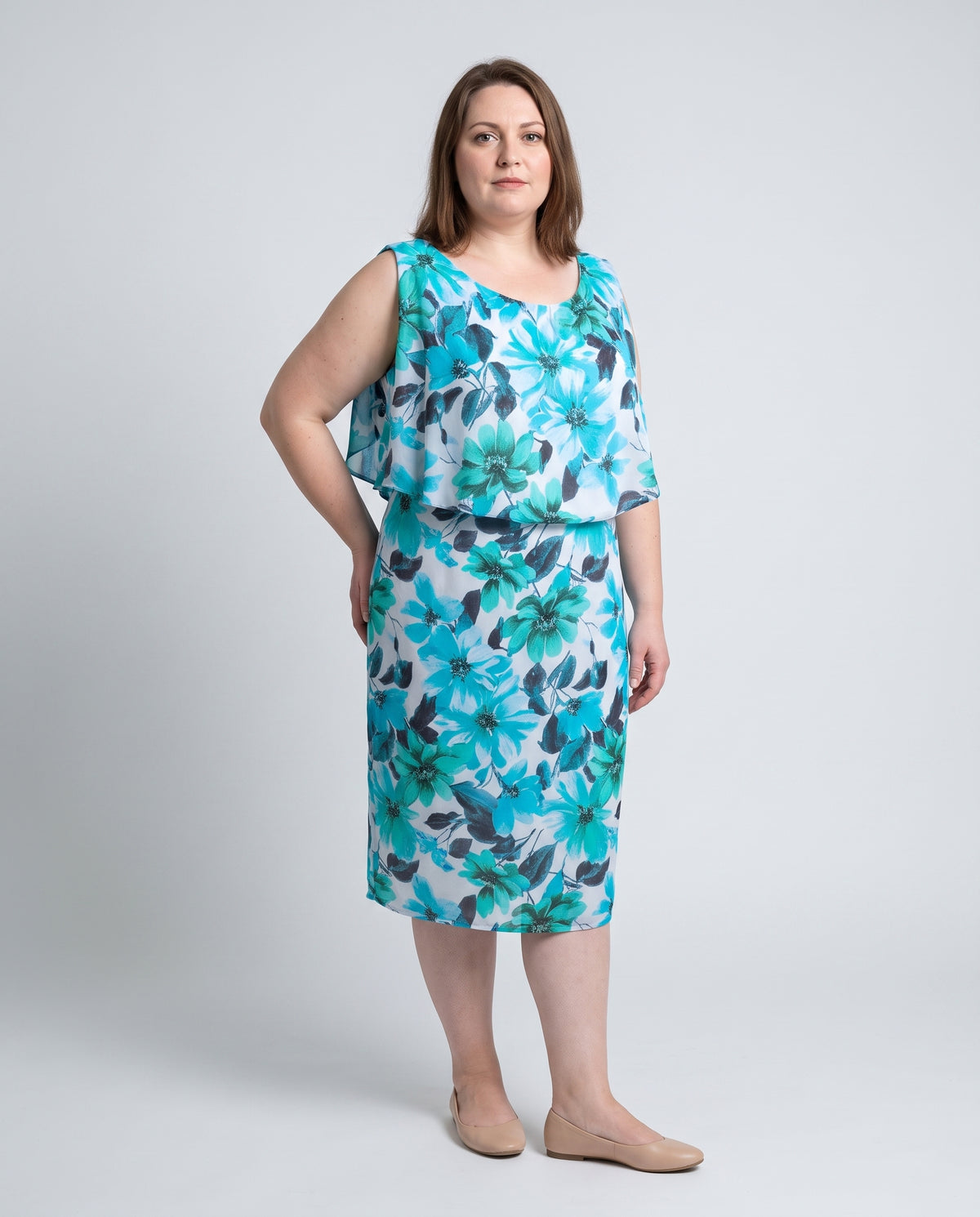 Plus Size Μίντι Φόρεμα Orcidea με Floral Μοτίβο σε Τιρκουάζ & Αέρινη Επικάλυψη