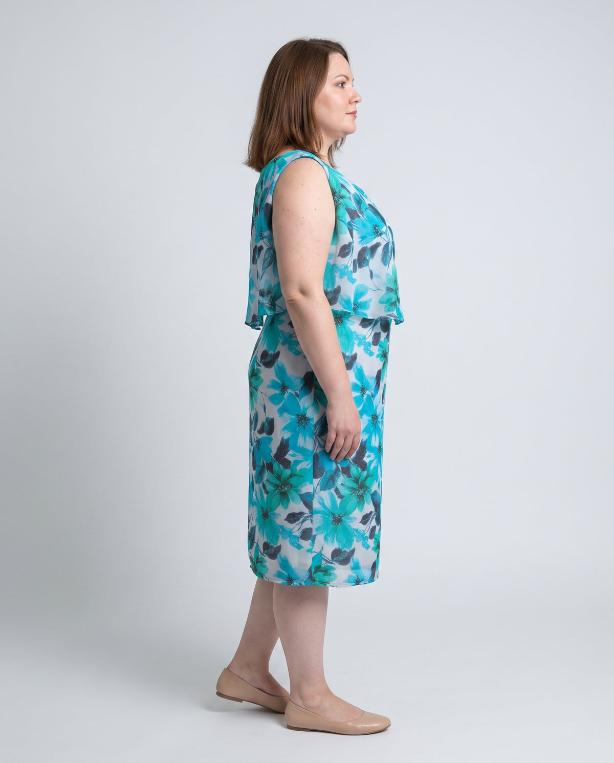 Plus Size Μίντι Φόρεμα Orcidea με Floral Μοτίβο σε Τιρκουάζ & Αέρινη Επικάλυψη