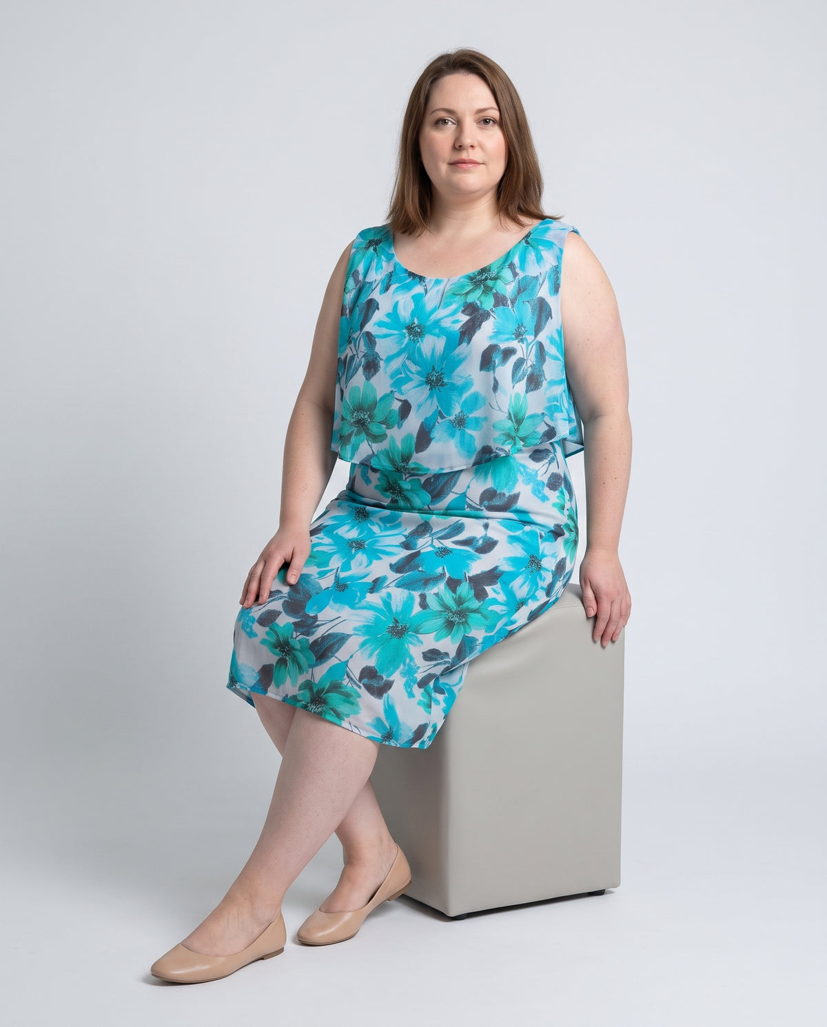 Plus Size Μίντι Φόρεμα Orcidea με Floral Μοτίβο σε Τιρκουάζ & Αέρινη Επικάλυψη