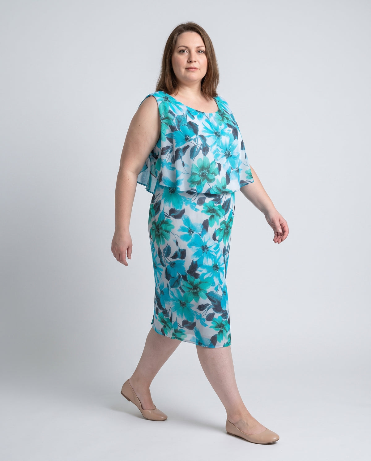 Plus Size Μίντι Φόρεμα Orcidea με Floral Μοτίβο σε Τιρκουάζ & Αέρινη Επικάλυψη