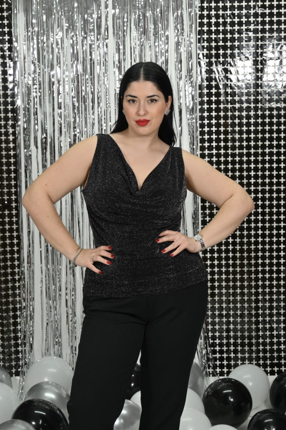 voice fashion Γυναικεία Μπλούζα Lurex Αμάνικη με Ντραπέ Ντεκολτέ – Βραδινή Λαμπερή
