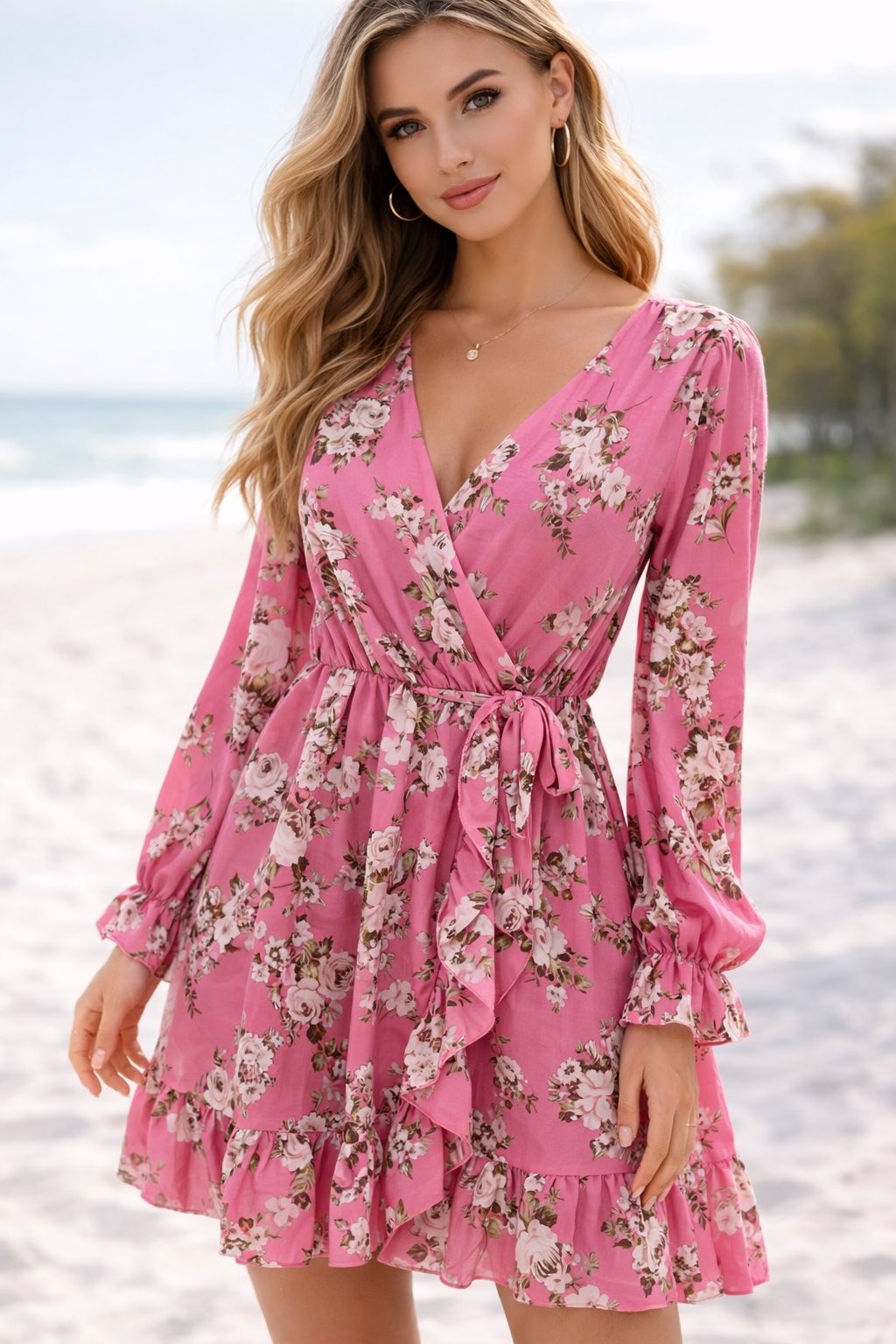 Floral Wrap Mini Dress – Ρομαντικό Κρουαζέ Φόρεμα με Βολάν & Λουλουδάτο Μοτίβο