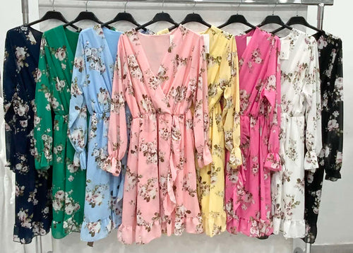 Floral Wrap Mini Dress – Ρομαντικό Κρουαζέ Φόρεμα με Βολάν & Λουλουδάτο Μοτίβο