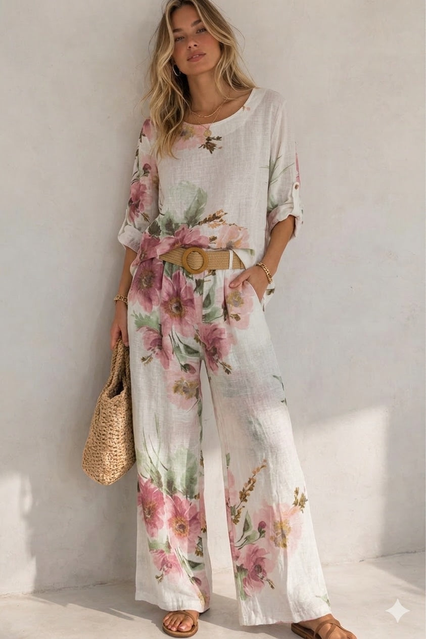 Λινό σετ floral μπλούζα & παντελόνα