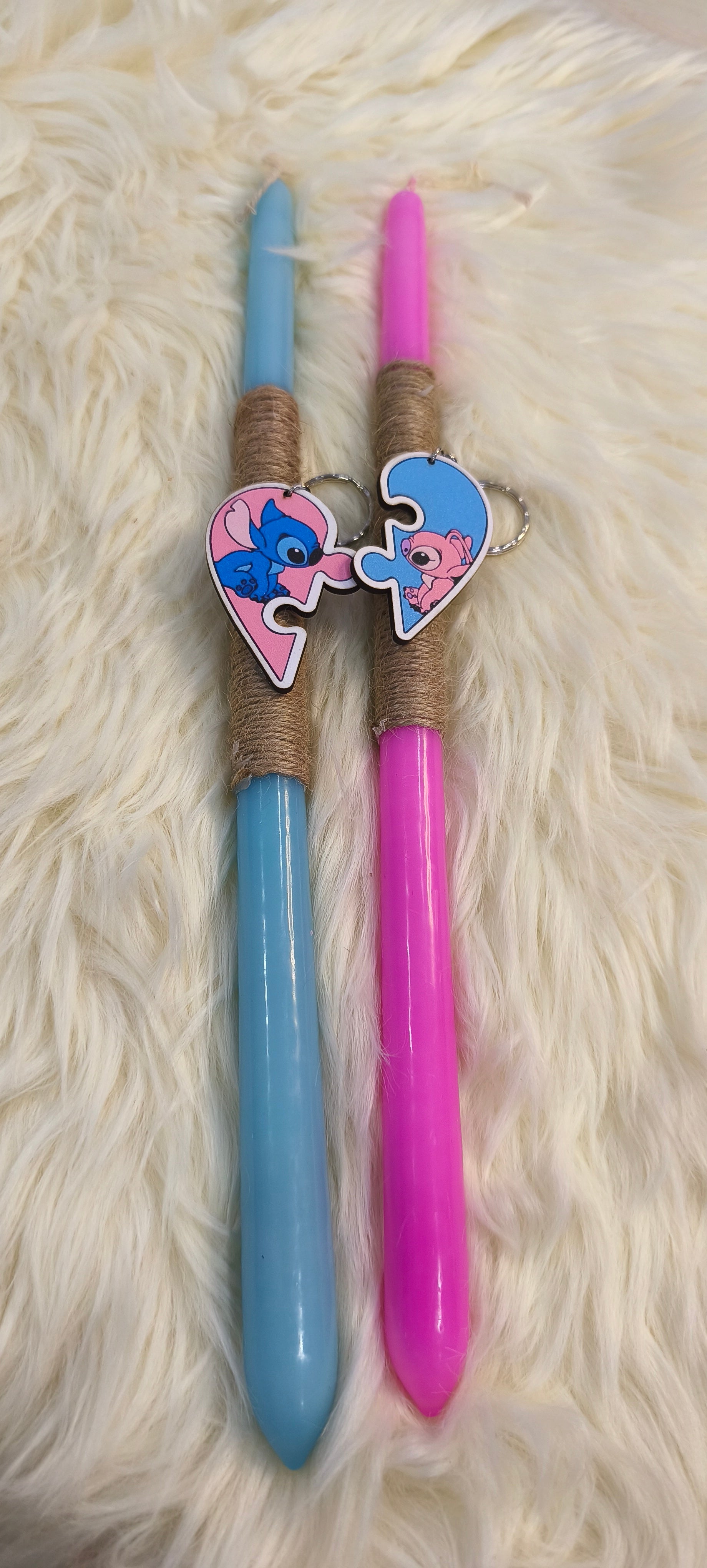 Πασχαλινές Λαμπάδες Ζευγαριού με Μπρελόκ Stitch  & Angel