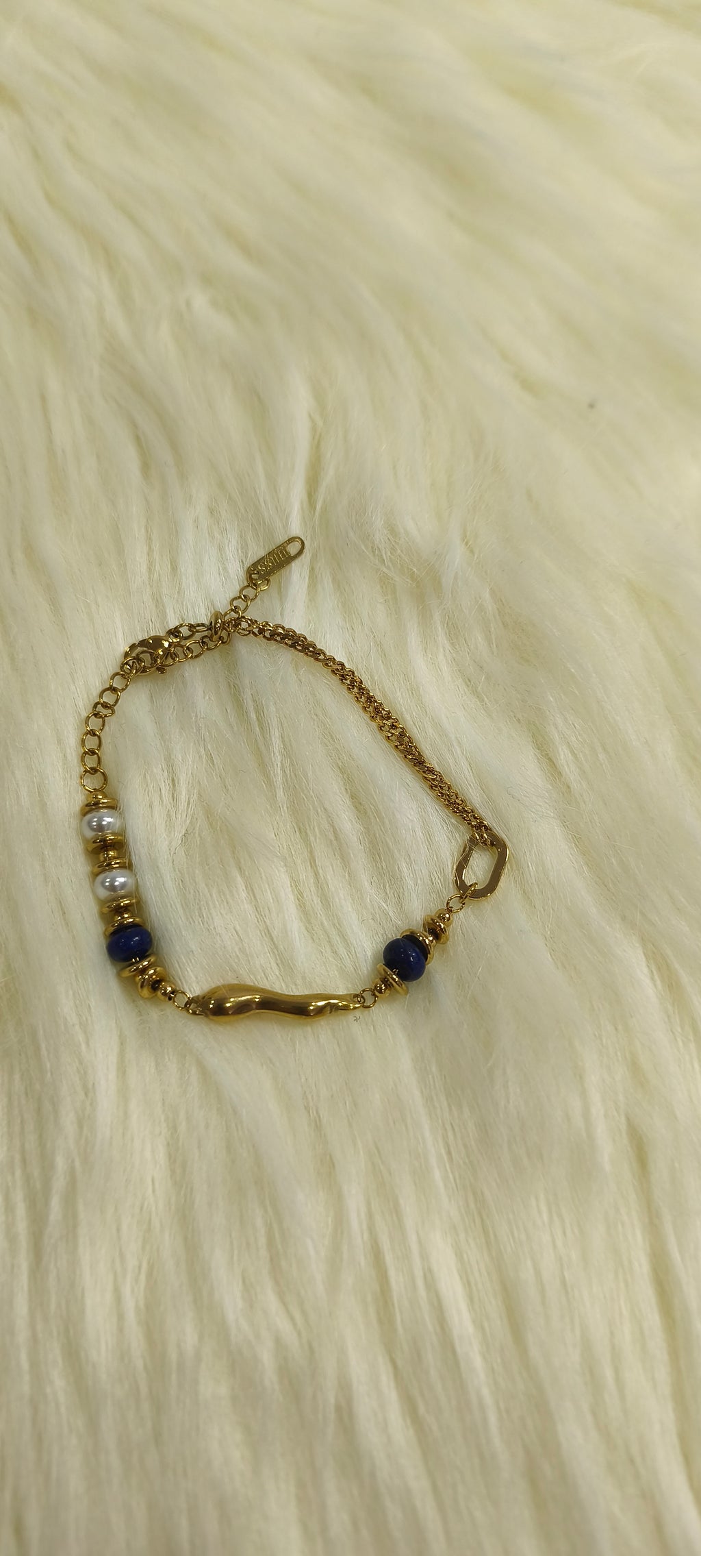 Elegant Beaded Bracelet από Ανοξείδωτο Ατσάλι με Πέρλες & Μπλε Πέτρες