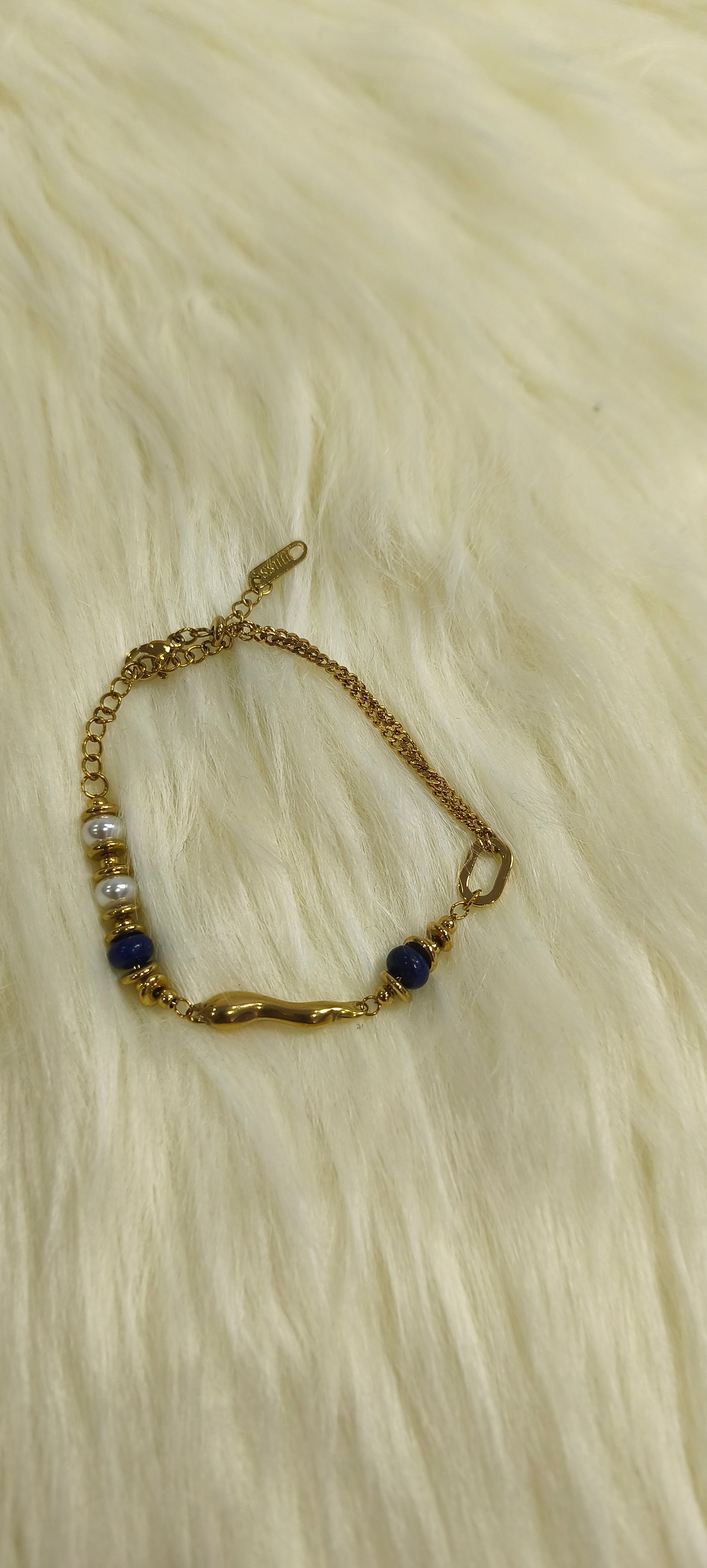 Elegant Beaded Bracelet από Ανοξείδωτο Ατσάλι με Πέρλες & Μπλε Πέτρες