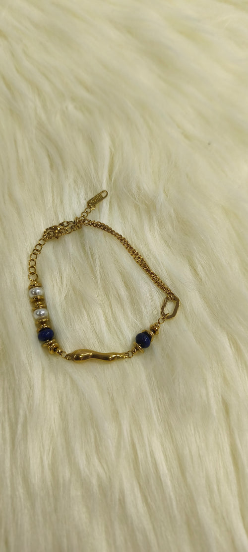 Elegant Beaded Bracelet από Ανοξείδωτο Ατσάλι με Πέρλες & Μπλε Πέτρες