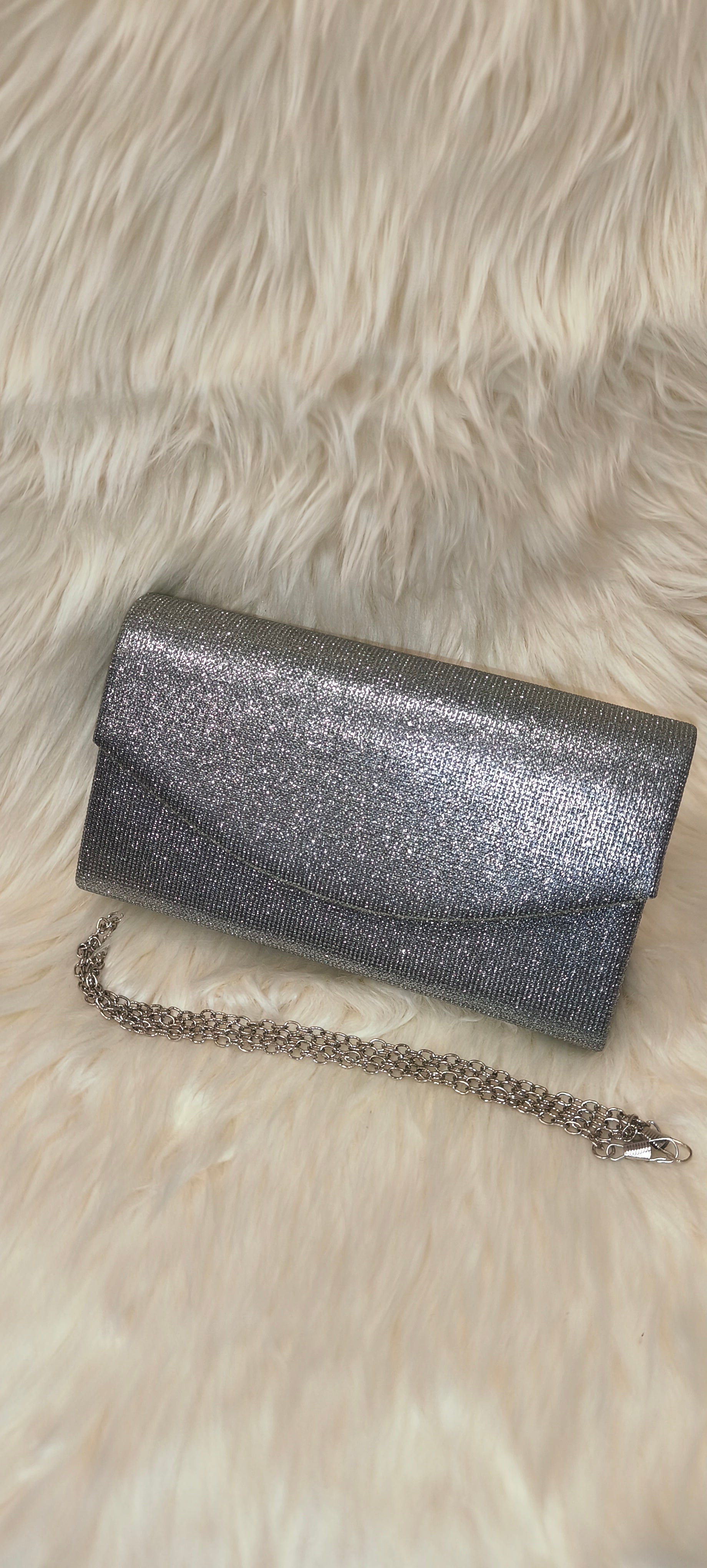 Γυναικείο Βραδινό Τσαντάκι Clutch Ασημί με Glitter και Αλυσίδα