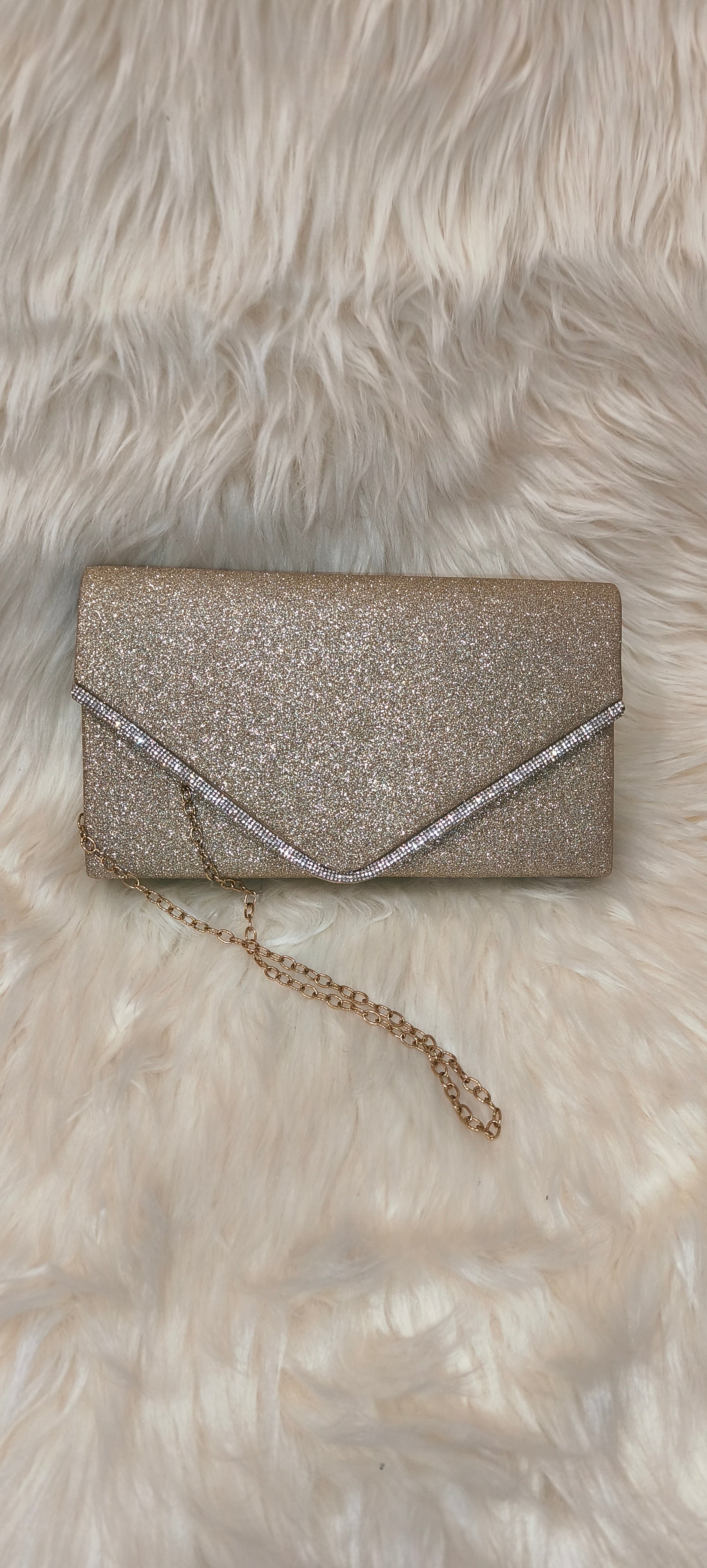 Γυναικείο Βραδινό Τσαντάκι Clutch Χρυσό με Strass και Αλυσίδα