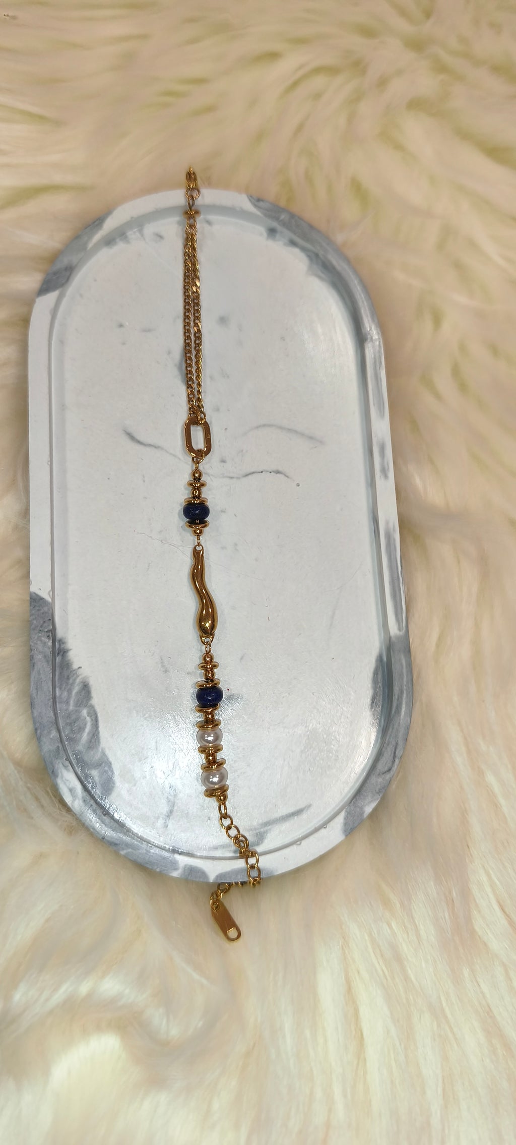 Elegant Beaded Bracelet από Ανοξείδωτο Ατσάλι με Πέρλες & Μπλε Πέτρες