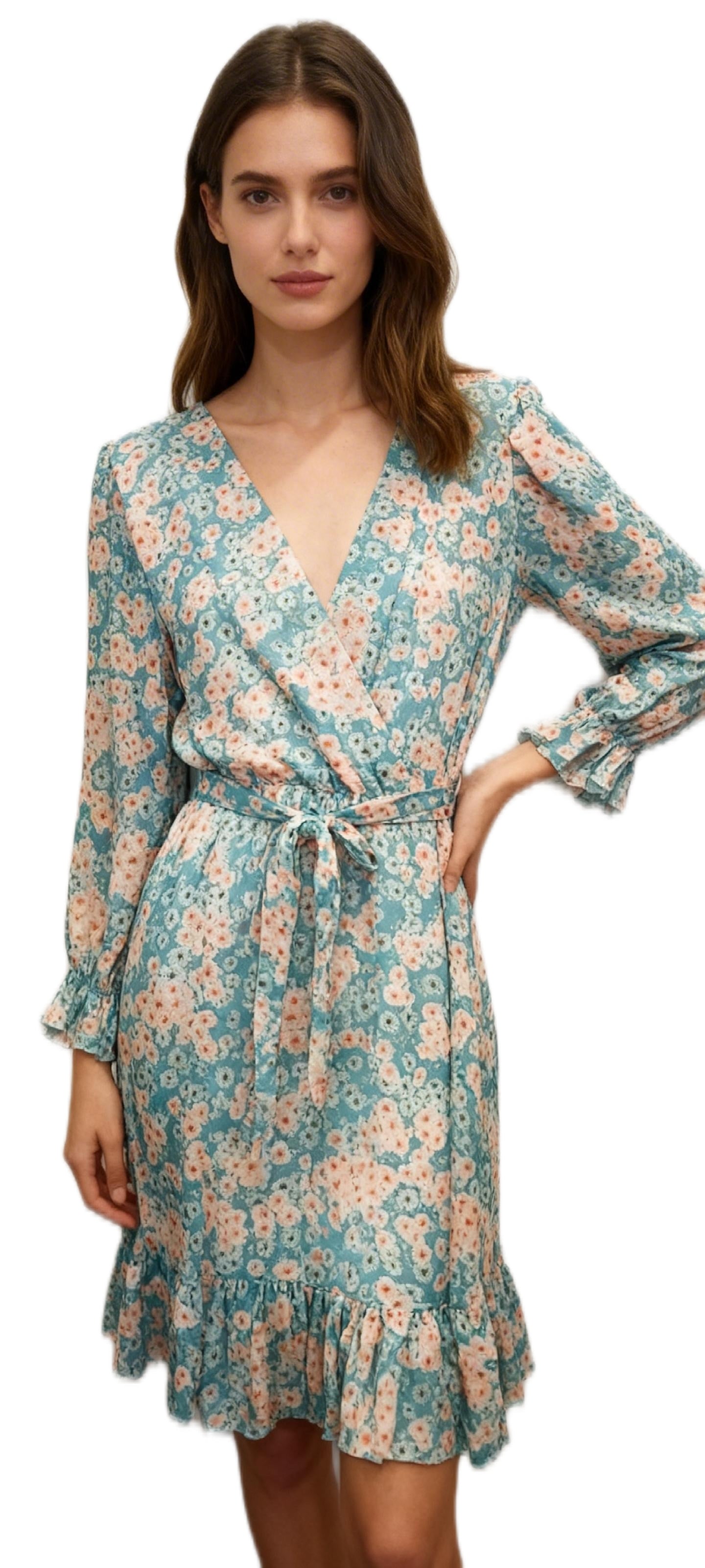Floral mini φόρεμα με V ντεκολτέ και ζώνη